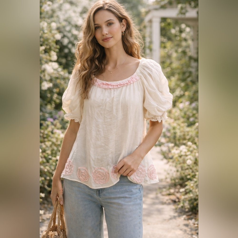 Y2K Cottagecore Blouse Puff Sleeve Silk Blend Pink Ruffle Boho Top